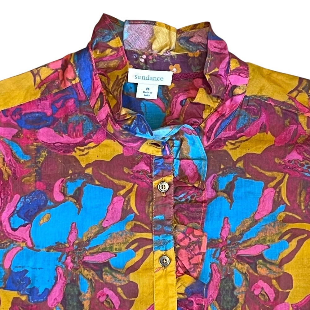 Sundance Women’s M Yellow Floral Cotton Lightweight Blouse Shirt Ruffle Collar - Picture 4 of 13